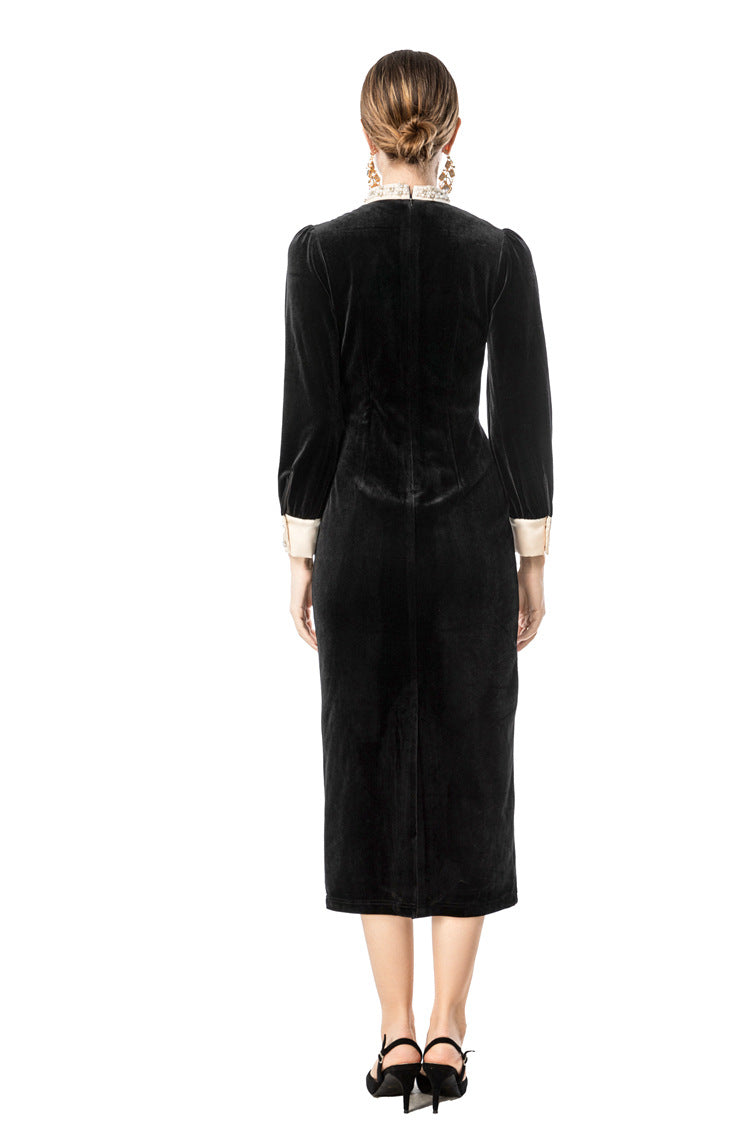 Women's Black Velvet Midi Dress with Pearl Collar & Contrast Bow Tie SP10108