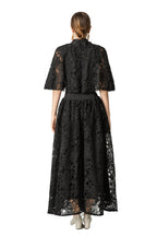 Satin Lace Patchwork Bow Tie Flare Sleeve Maxi Dress SP10057