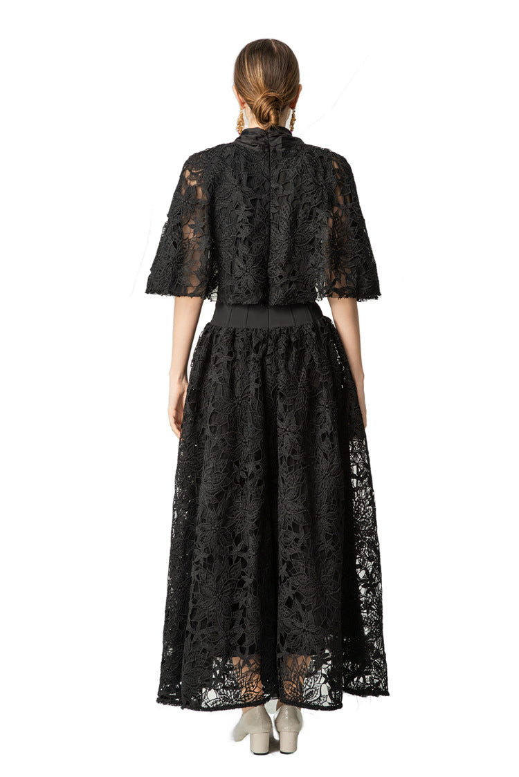 Satin Lace Patchwork Bow Tie Flare Sleeve Maxi Dress SP10057