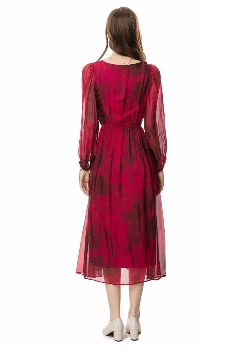 Silk Asymmetrical V-Neck Cinched Waist Midi Dress – French Luxury SP10029