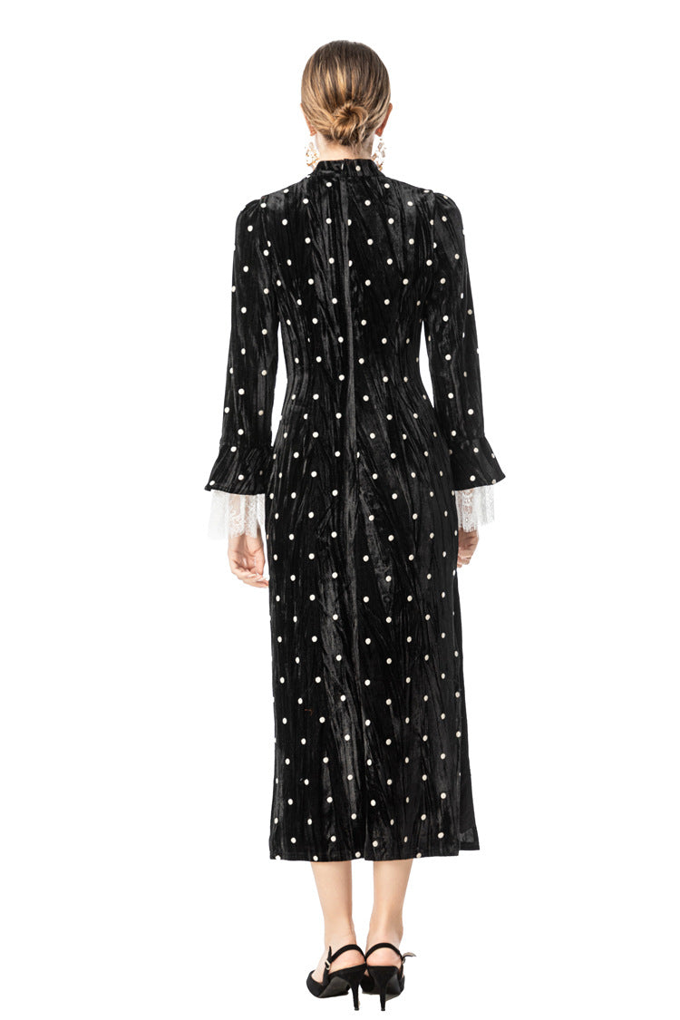Velvet Polka Dot Lace Flare Sleeve Qipao Midi Dress SP10095