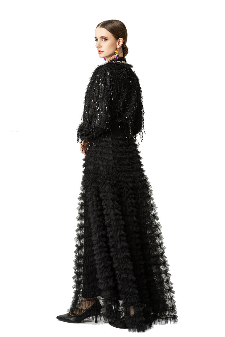 Black Sequin Fringed Tiered Tulle Maxi Dress SP10050