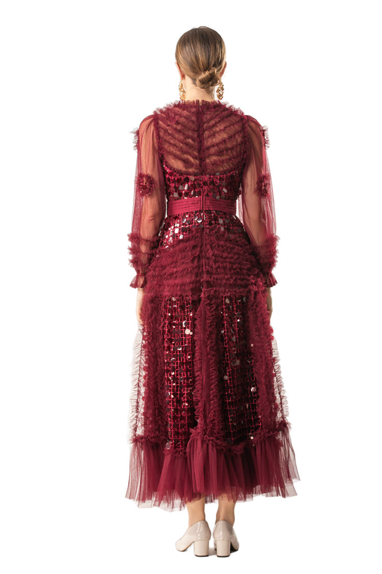 Burgundy Sequin Ruffled Tiered Tulle Midi Dress SP10076