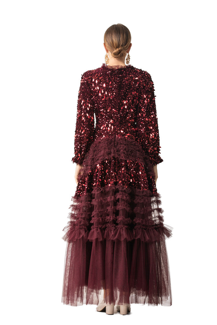 Burgundy Sequin Ruffled Tulle Tiered Maxi Evening Dress SP10016