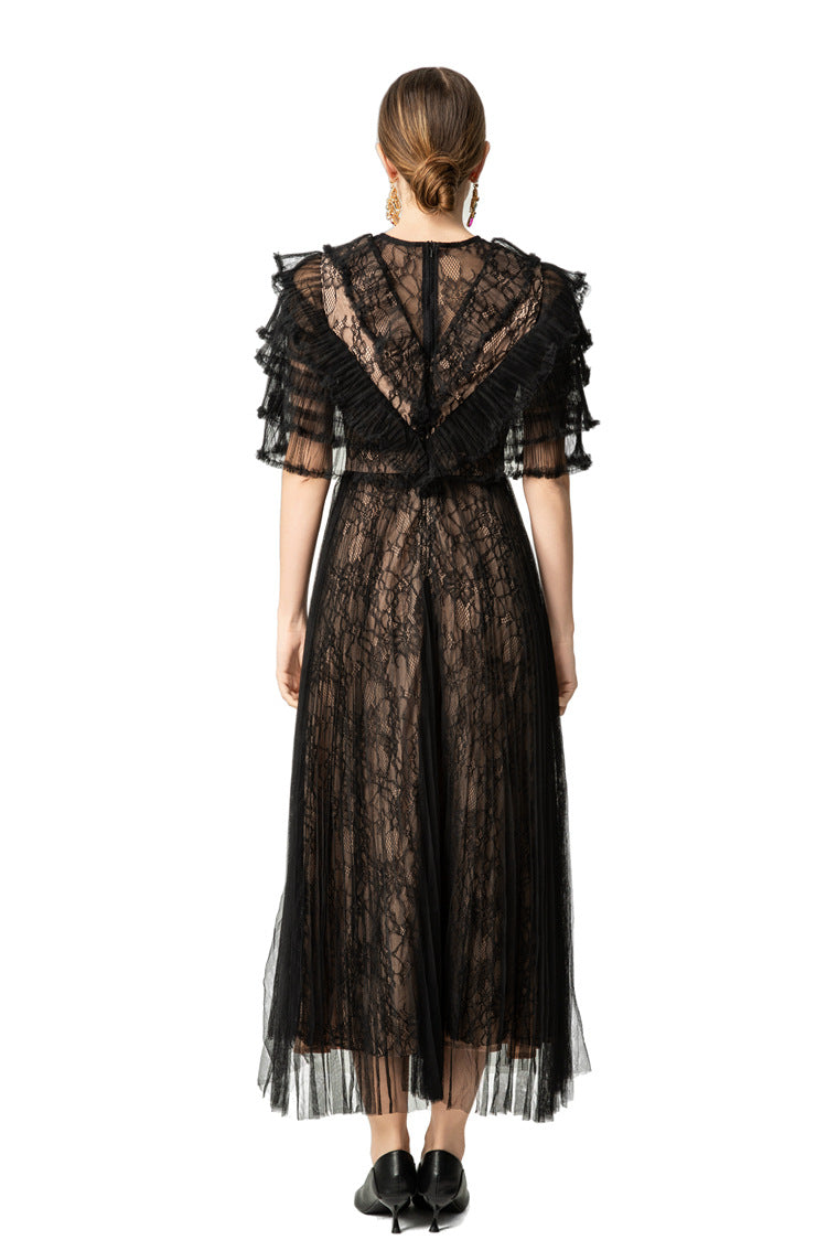 Black Lace Fake Two-Piece Ruffled Sleeve Maxi Dress SP10043