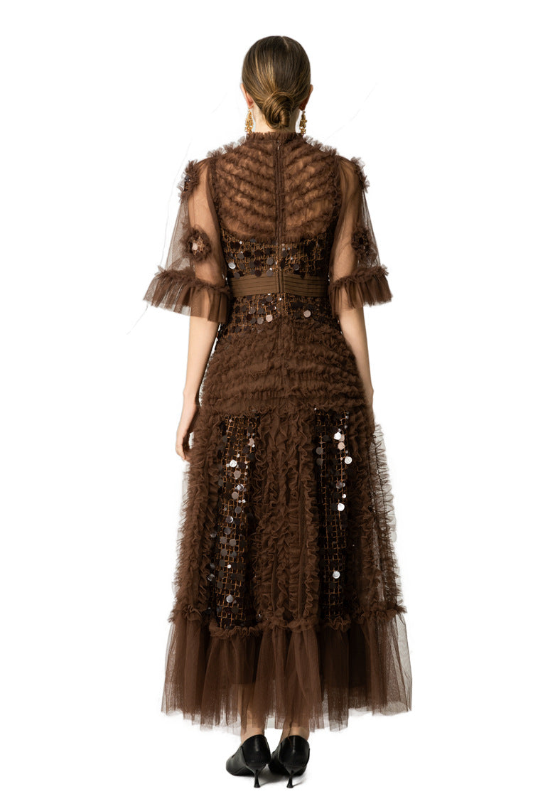Brown Sequin Ruffled Tiered Organza Maxi Dress SP10061