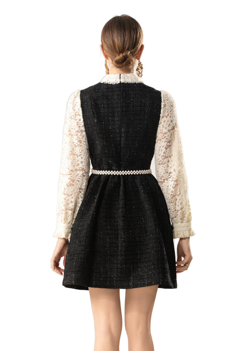 Lace Sleeve Tweed Mini Dress with Pearl Belt SP10088