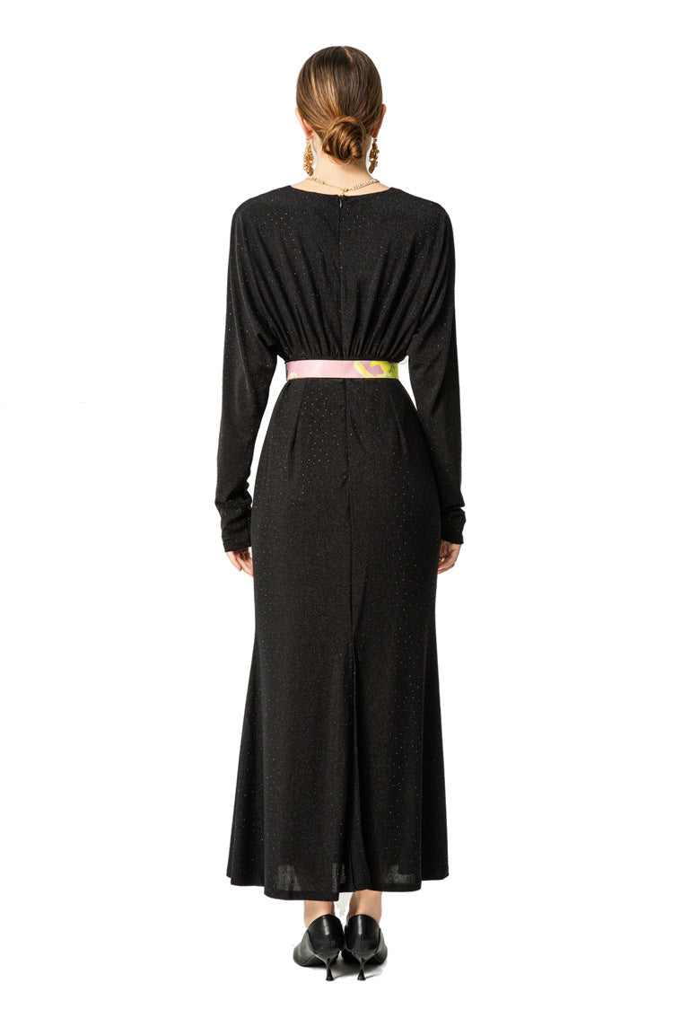 V-Neck Batwing Sleeve Peony Embroidery Mermaid Dress SP10048