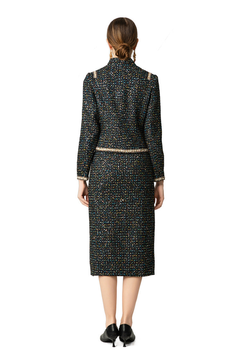 Tweed Bow Tie Jacket & Slit Pencil Skirt Two-Piece Set SP10044