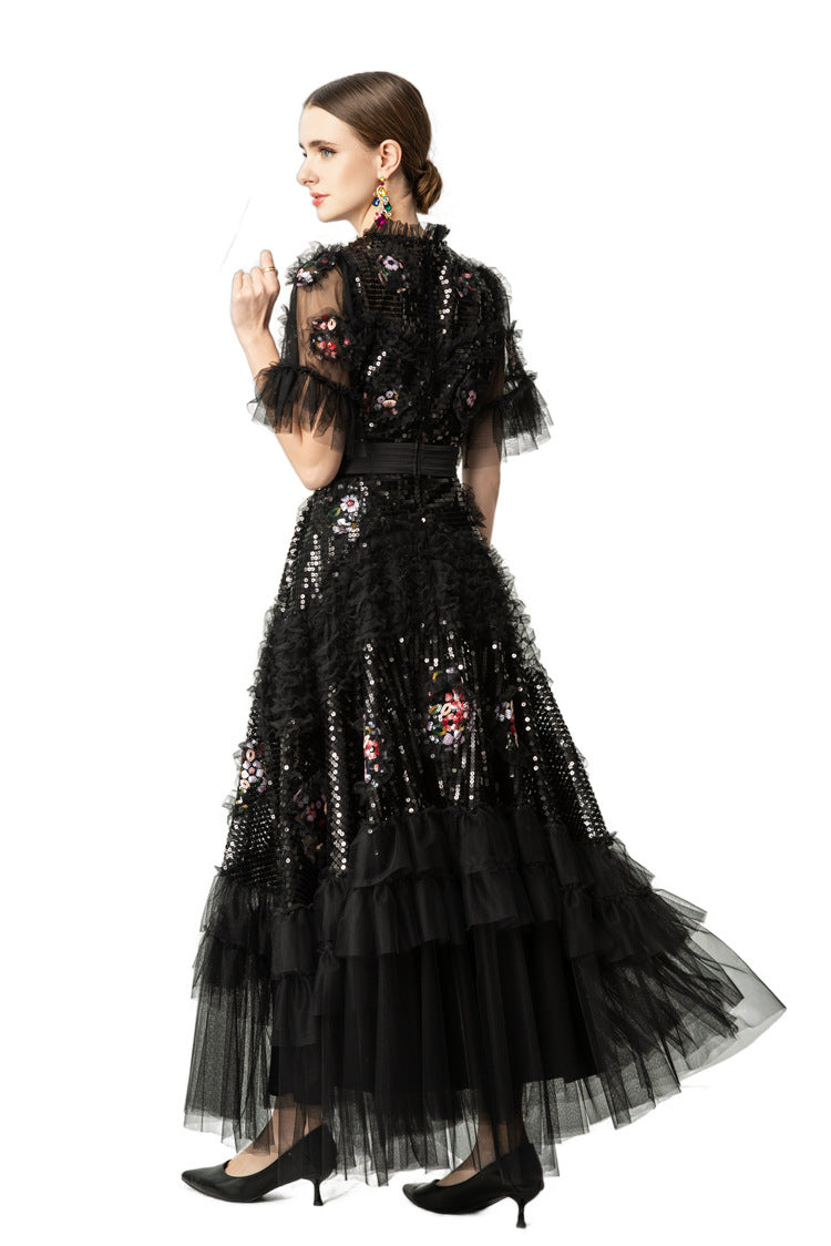 Sequin Floral Embroidered Tiered Tulle Maxi Dress – Ruffled Neck SP10037