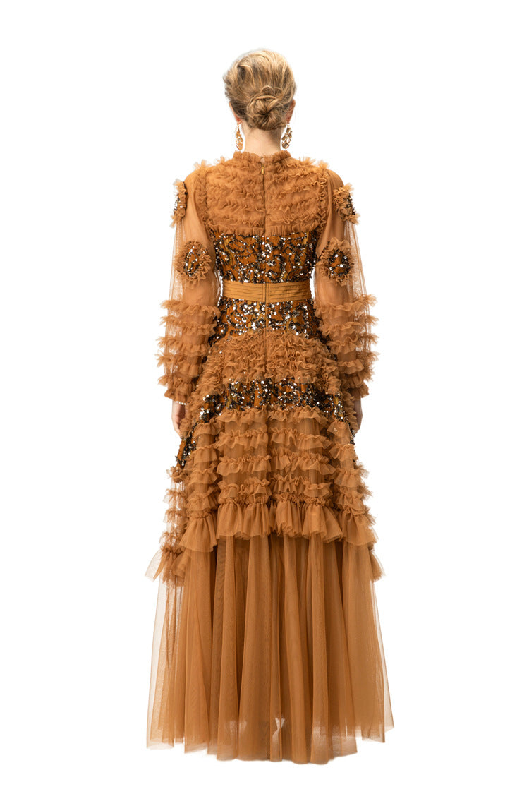 Caramel Sequin Ruffled Tulle Tiered Maxi Gown – Formal Evening Dress SP10005