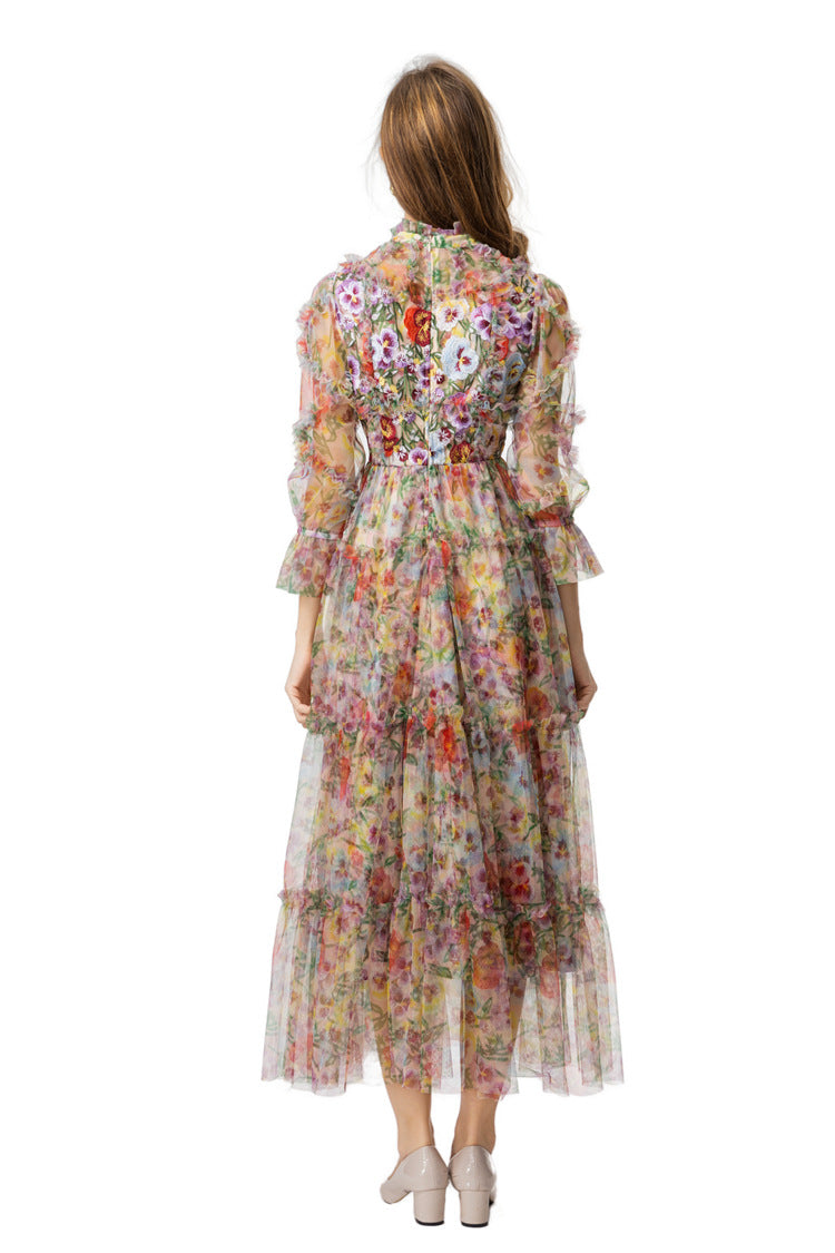 Colorful Floral Embroidered Tiered Tulle Midi Dress SP10019