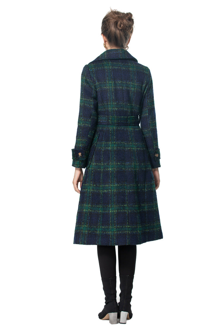 British Style Plaid Wool Blend Long Coat with Belt – Vintage Luxury Overcoat SP10003