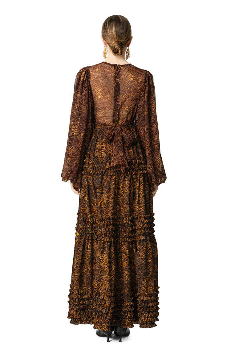Leopard Print Tiered Ruffle Chiffon Maxi Dress SP10039