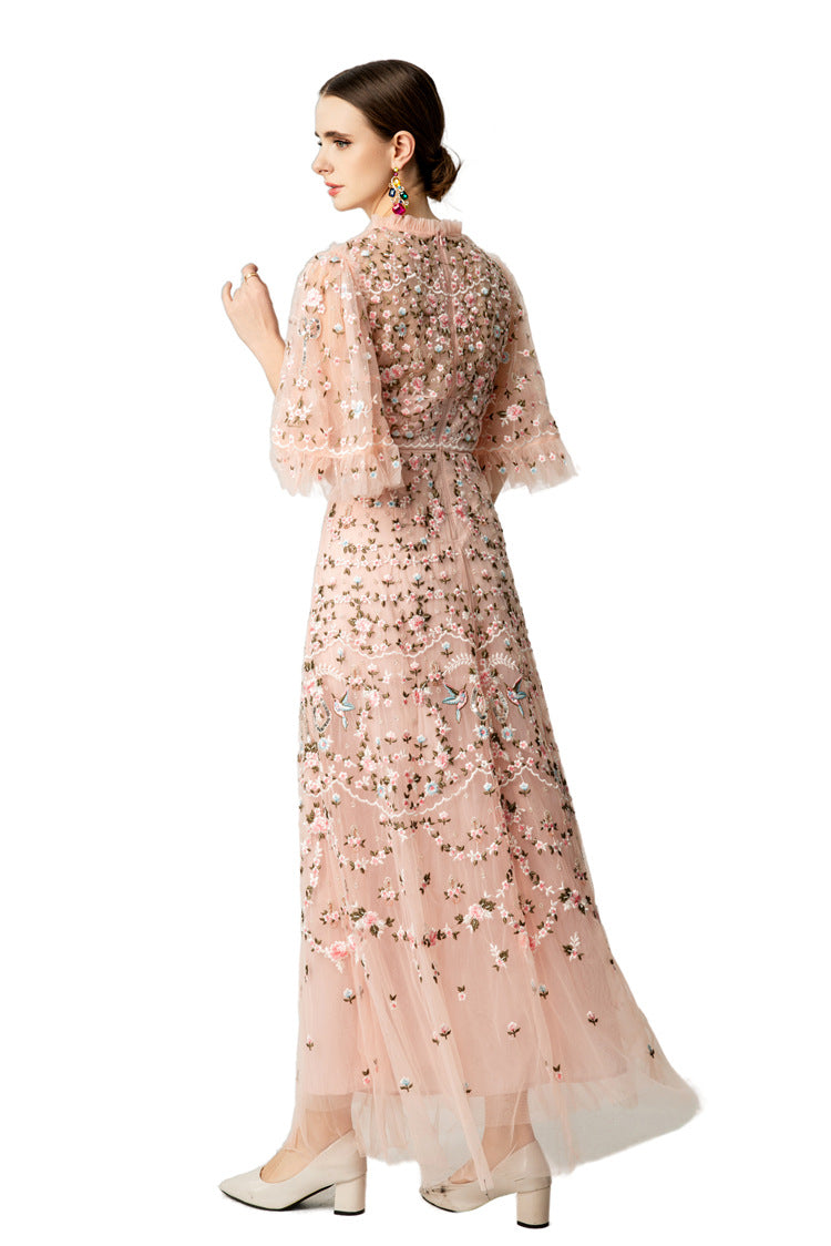 Pink Floral Bird Embroidered Tulle Flutter Sleeve Maxi Dress SP10035