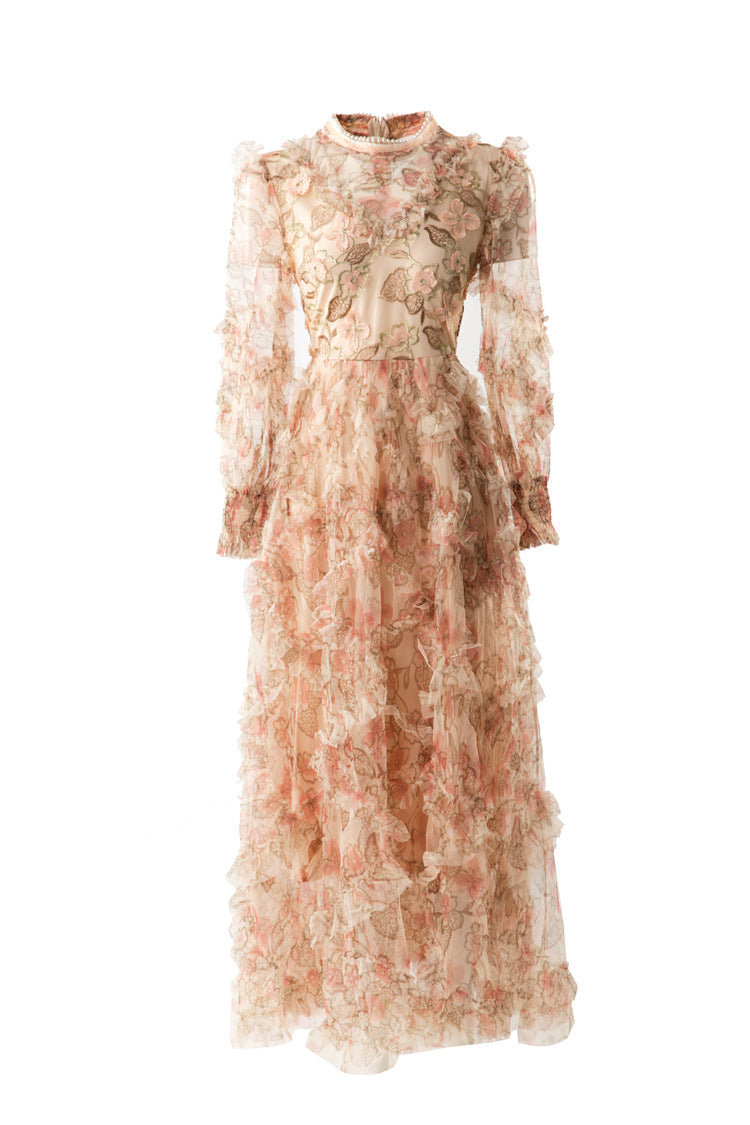 Pearl Trim Floral Embroidered Tiered Tulle Maxi Dress SP10085