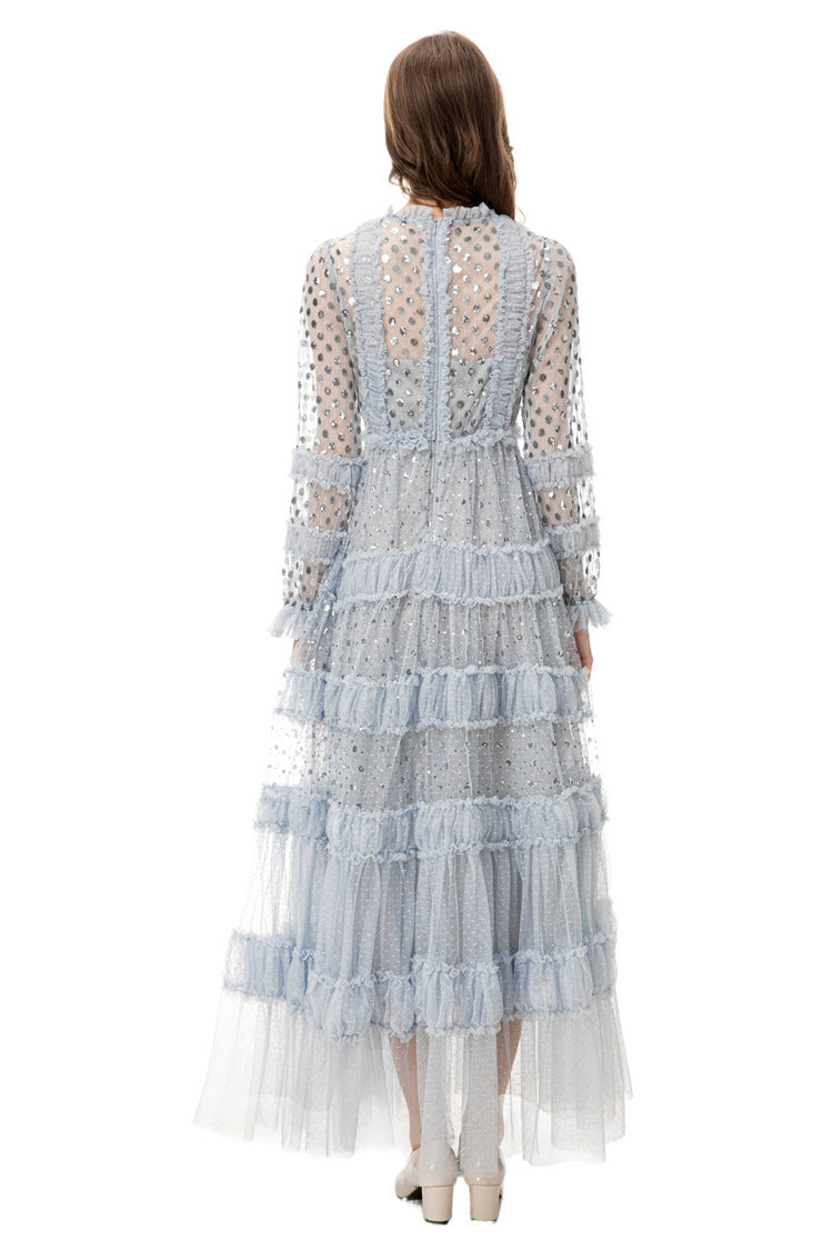 Light Blue Sequin Ruffled Tulle Tiered Maxi Dress – French Luxury Evening Gown SP10010