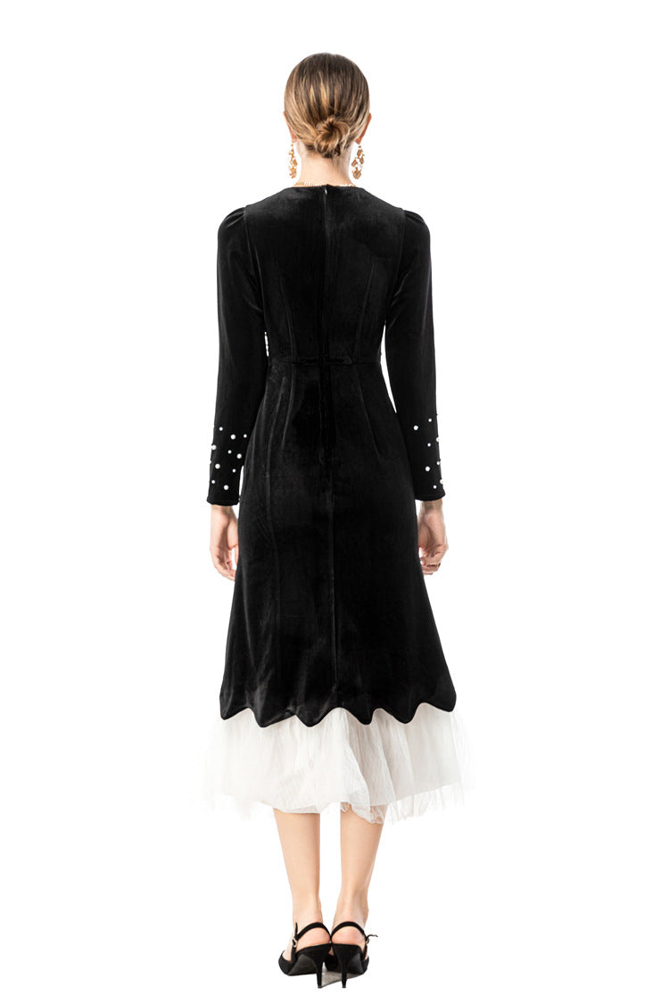 Black Velvet Mermaid Dress with Pearl Embellishments & Tulle Hem SP10114