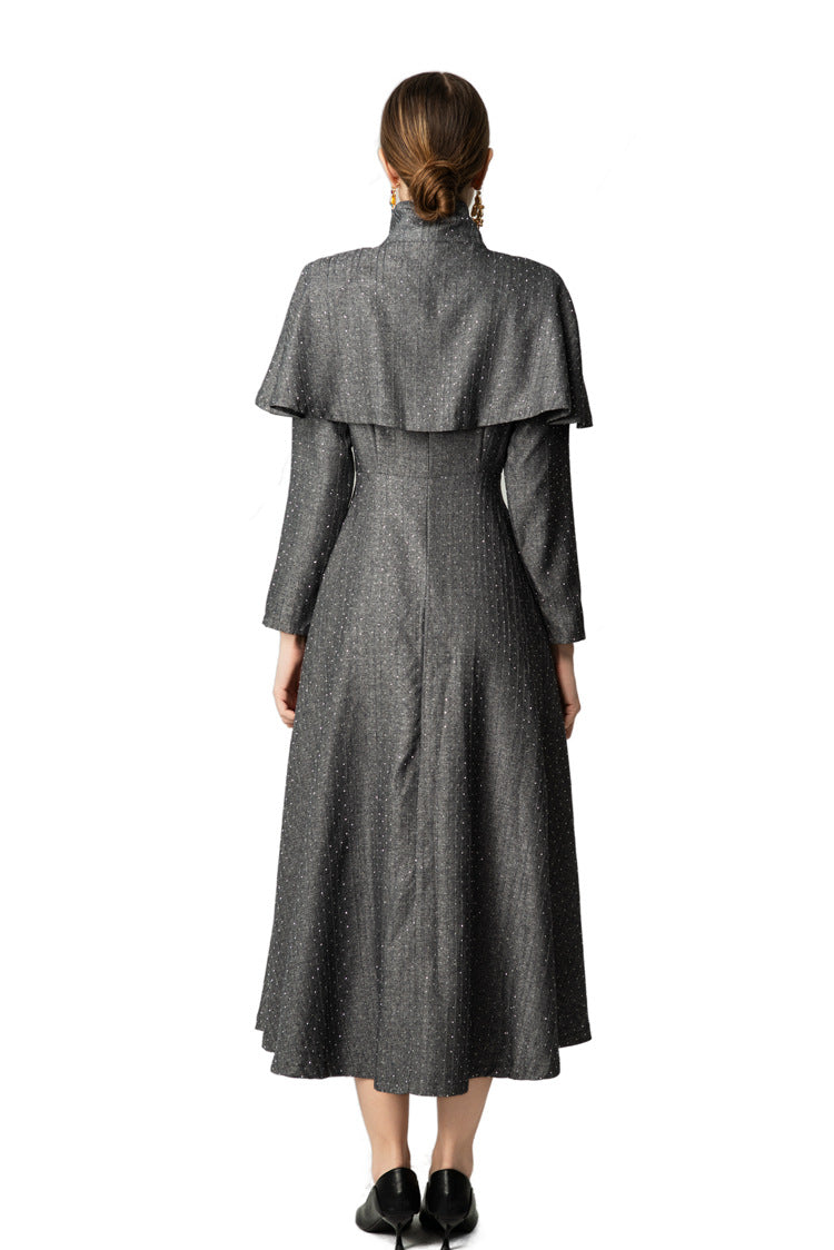 High Collar Cape Overlay Gold Button Front Slit Maxi Dress SP10060
