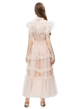 Pink Floral Embroidered Tulle Ruffled Sleeve Midi Dress – French Luxury SP10004