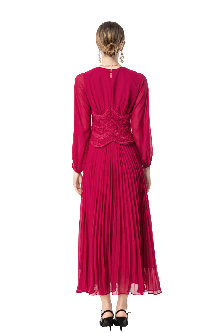 Sheer Puff Sleeve Embroidered Waist Pleated Midi Dress SP10094