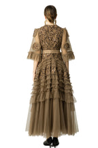 Taupe Geometric Sequin Tiered Tulle Maxi Dress SP10040