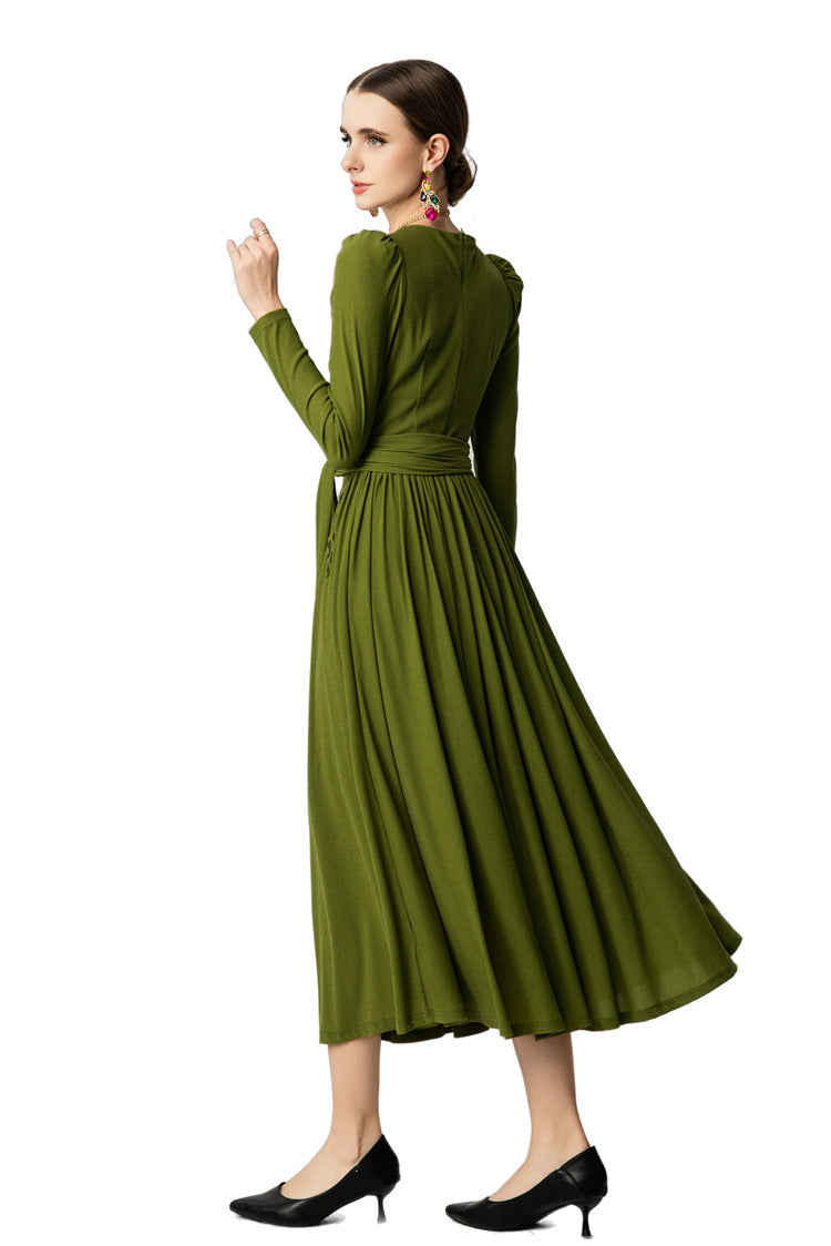 V-Neck Puff Sleeve Waist Embroidery Flared Midi Dress SP10059