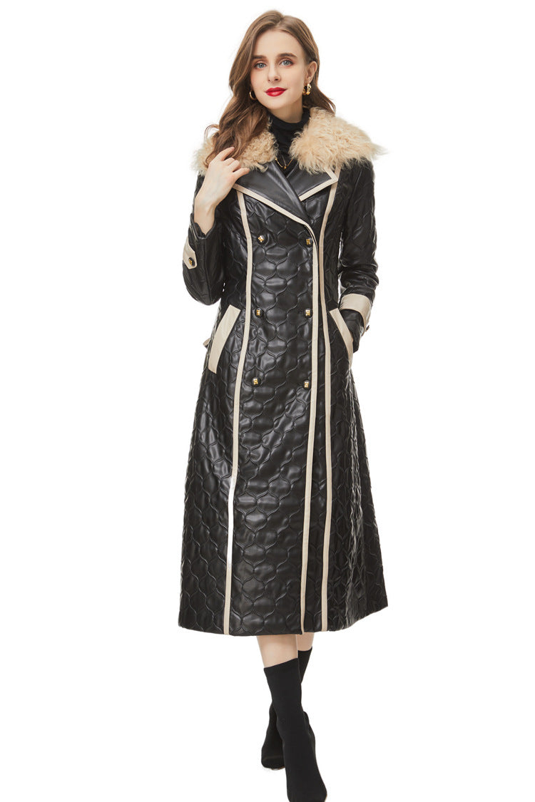 Black Quilted Faux Leather Contrast Trim Maxi Trench Coat SP10030