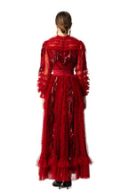 Red Fringe Sequin Tiered Tulle Maxi Dress SP10054