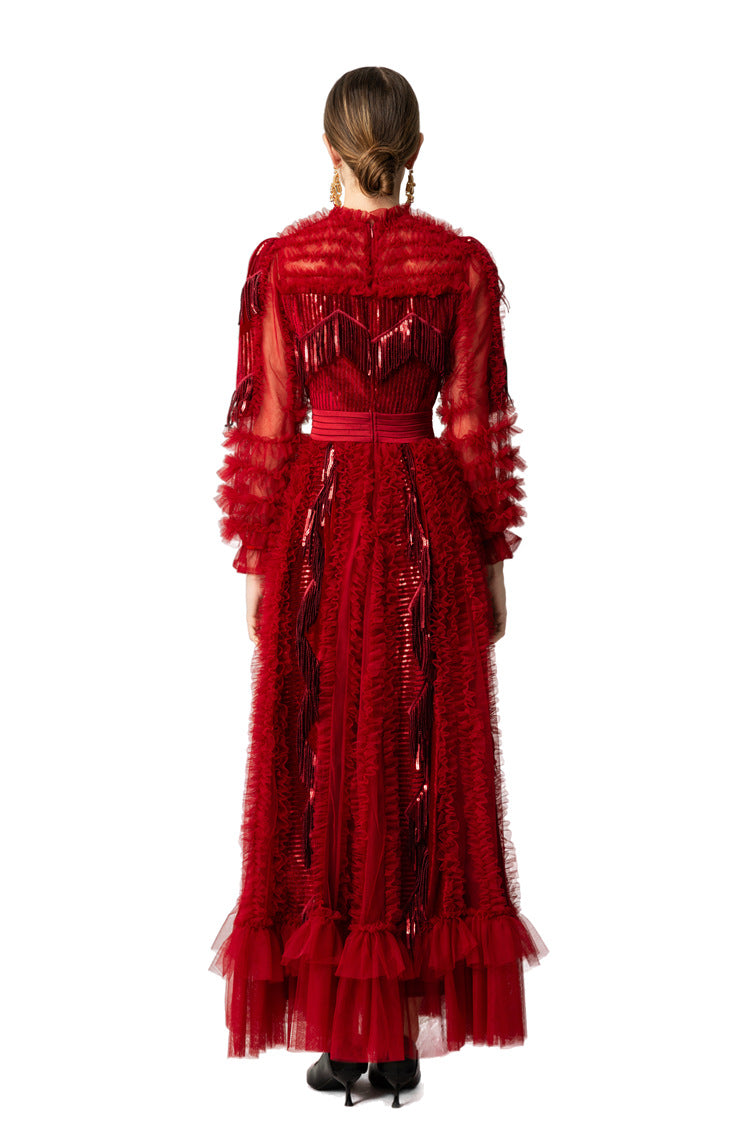 Red Fringe Sequin Tiered Tulle Maxi Dress SP10054