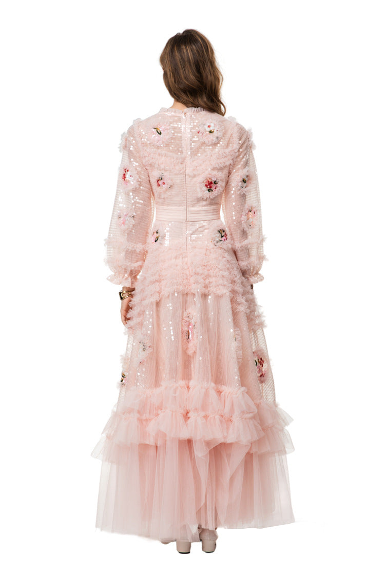 Pink Sequin 3D Floral Embroidered Tiered Tulle Maxi Dress SP10026