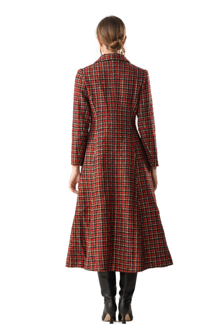 Red Plaid Tweed Double-Breasted Maxi Coat Dress SP10079