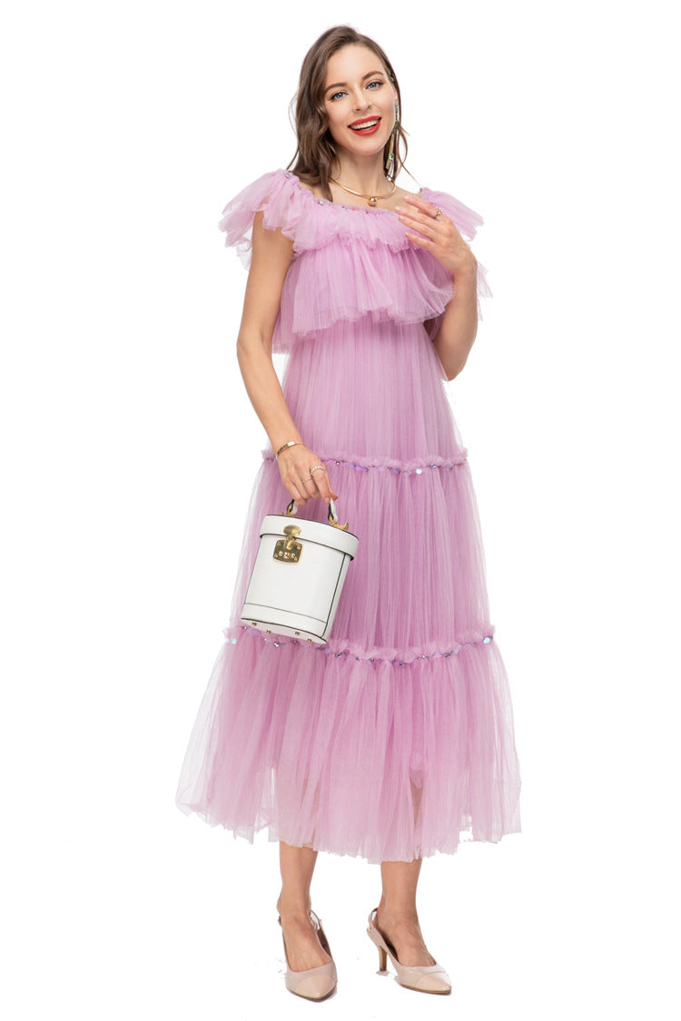 Lavender Tulle Off Shoulder Tiered Midi Dress – Fairy Party Gown SP10014