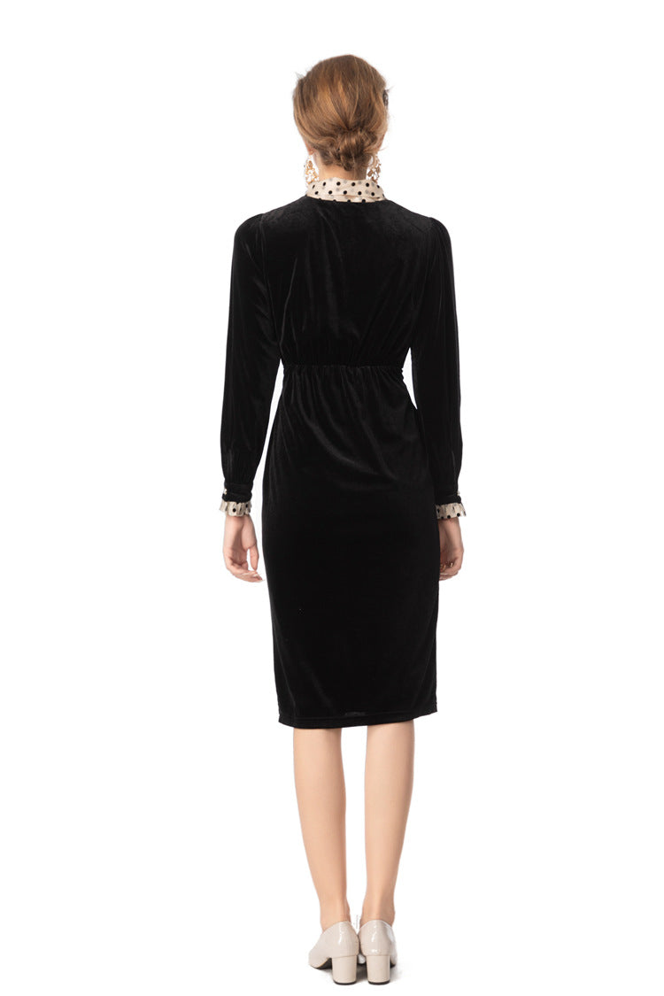 Black Velvet Dress with Polka Dot Bow Neck & Pearl Buttons SP10106