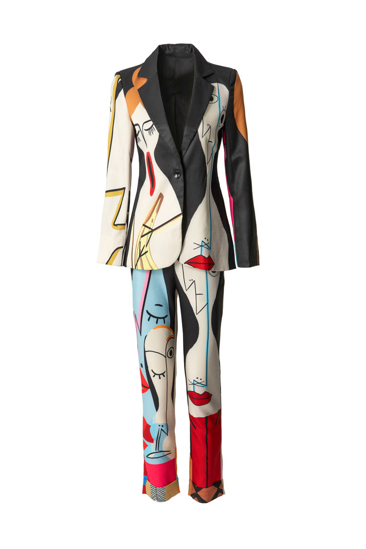 Abstract Face Print Blazer & Cropped Pants Two-Piece Set SP10052