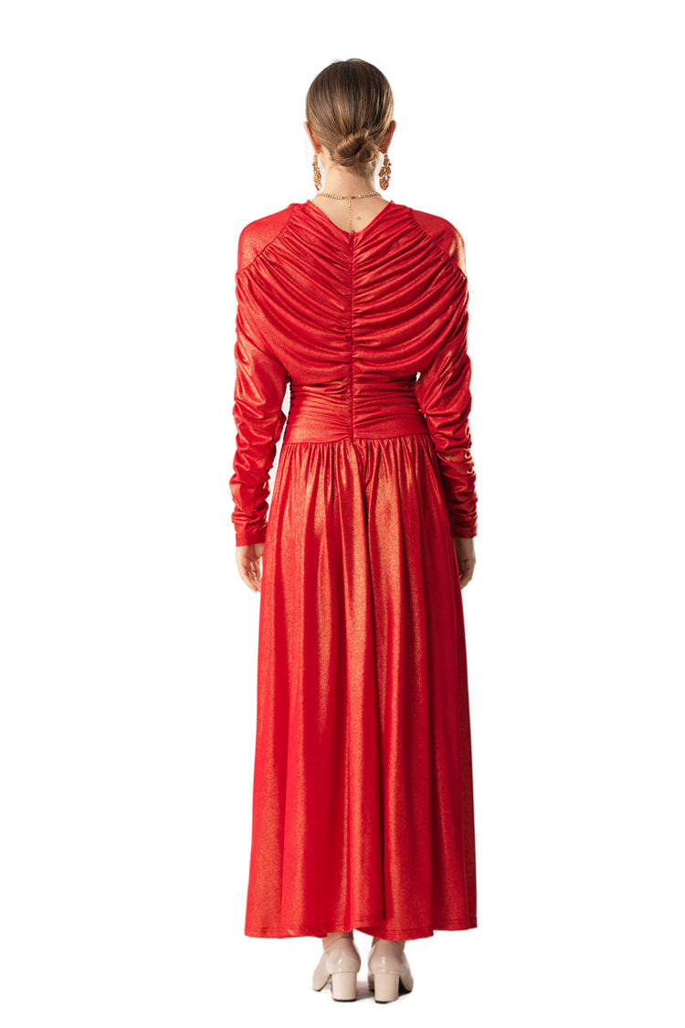 Metallic Ruched Waist Flared Maxi Dress SP10087