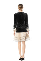 Women's French Style Velvet Dress, Round Neck Pearl & Flower Embellished Top with Satin Layered Ruffle Hem, Long Sleeve Cocktail Party Dress SP10102