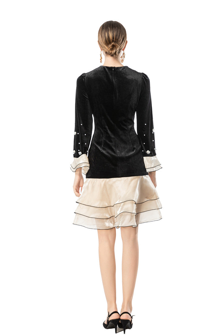 Women's French Style Velvet Dress, Round Neck Pearl & Flower Embellished Top with Satin Layered Ruffle Hem, Long Sleeve Cocktail Party Dress SP10102