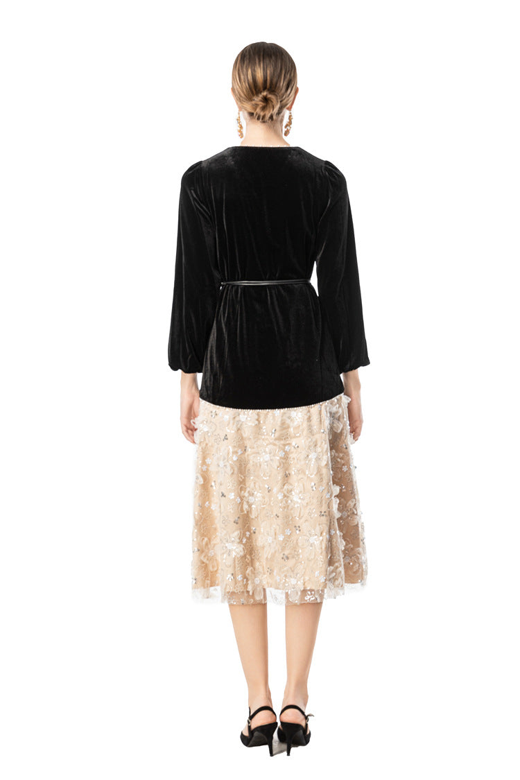 Velvet V-Neck Lace Patchwork Midi Dress SP10090