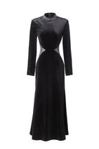 Black Velvet Midi Dress with Rhinestone Neckline & Reflective Waist Accents - Timeless Elegance Meets Modern Glamour SP10101