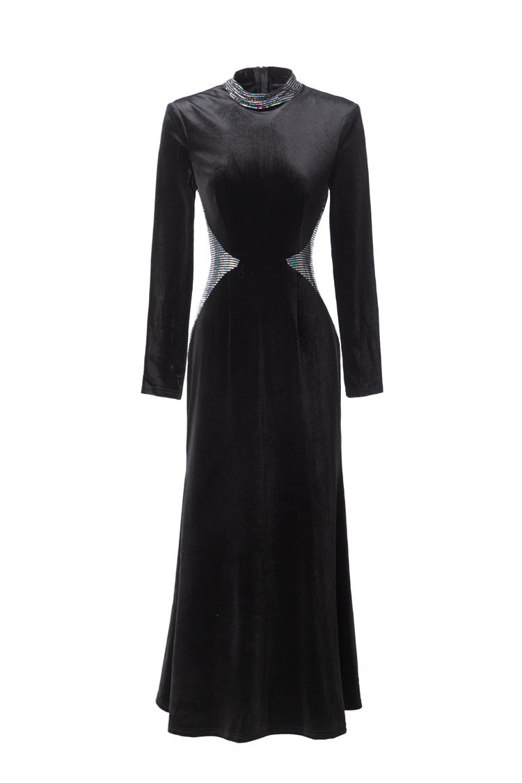 Black Velvet Midi Dress with Rhinestone Neckline & Reflective Waist Accents - Timeless Elegance Meets Modern Glamour SP10101