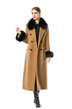 Camel Wool Blend Long Coat with Black Faux Fur Collar & Cuffs SP10112