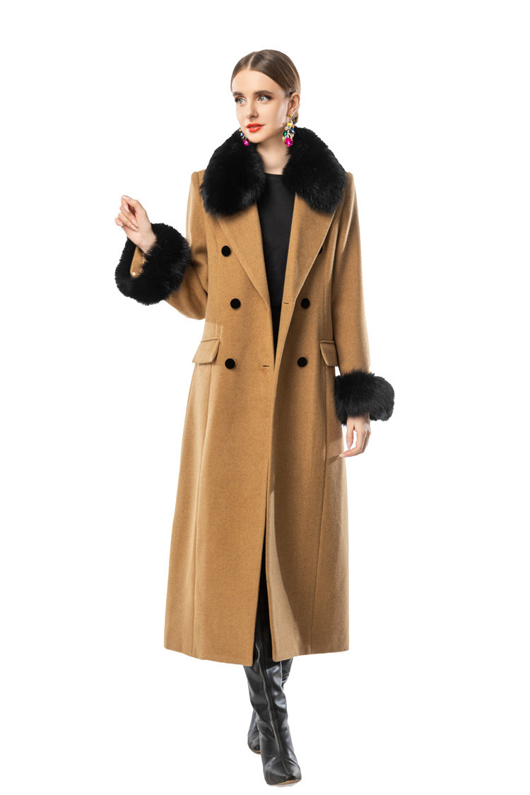 Camel Wool Blend Long Coat with Black Faux Fur Collar & Cuffs SP10112