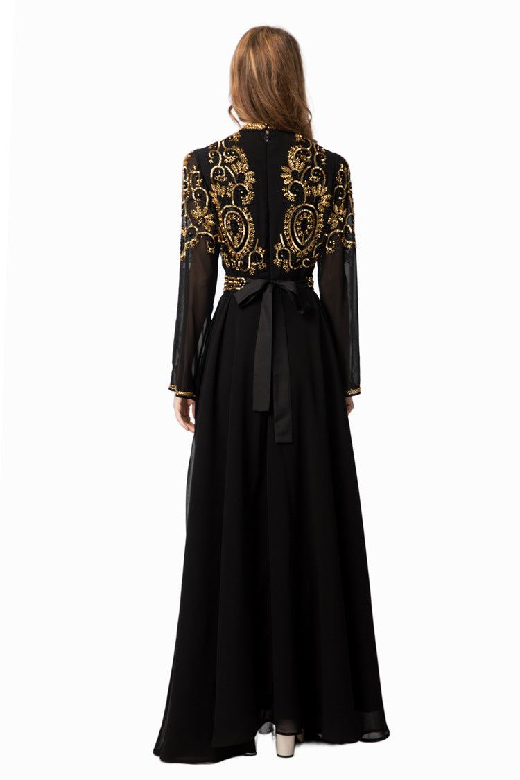 Black & Gold Sequin Embellished Middle Eastern Maxi Dress SP10021