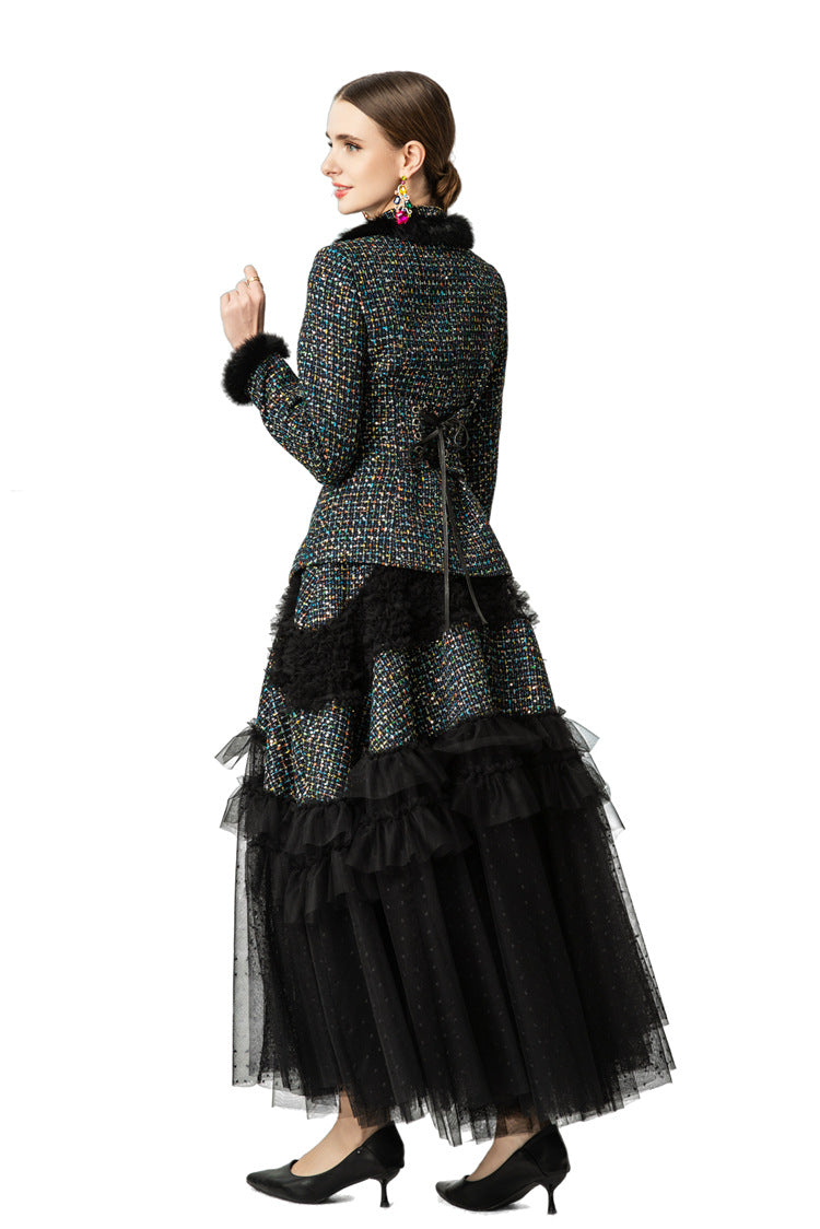 Tweed Faux Fur Trim Jacket & Tiered Tulle Skirt Two-Piece Set SP10051