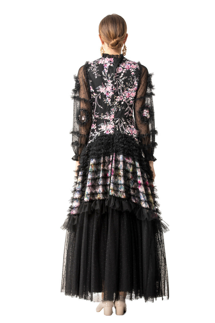 Ruffled High Neck 3D Floral Tiered Tulle Maxi Dress SP10083