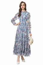 Light Blue Floral Ruffled Tulle Tiered Maxi Dress – French Fairy Style SP10011
