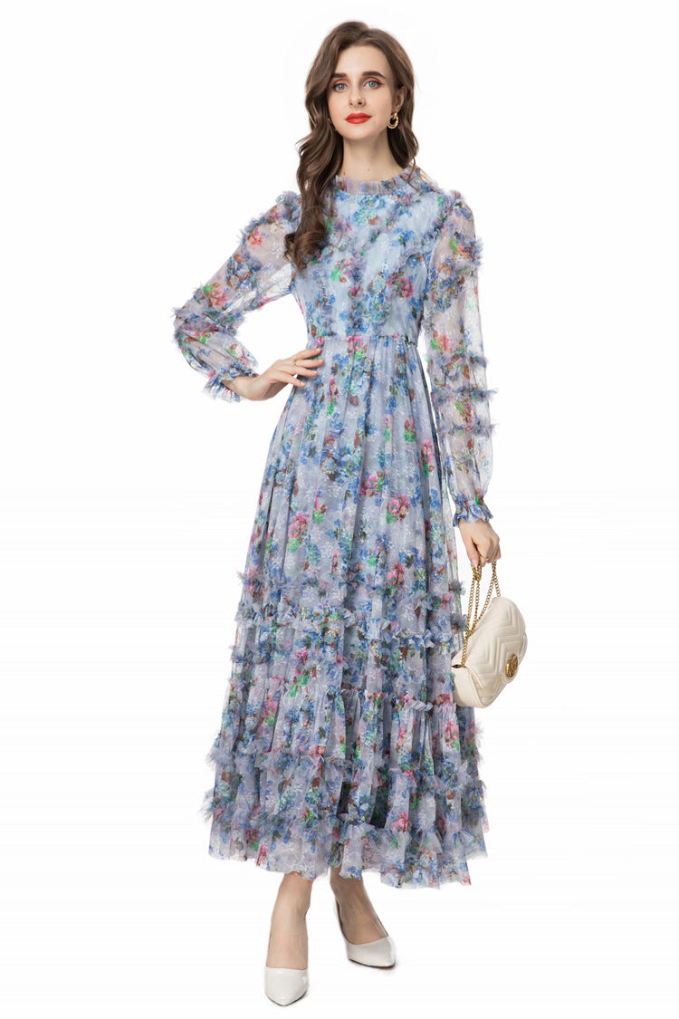 Light Blue Floral Ruffled Tulle Tiered Maxi Dress – French Fairy Style SP10011