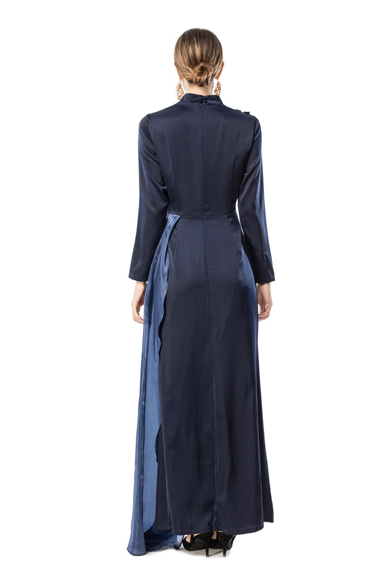 Navy Blue Satin High Neck Evening Gown with Beaded Floral Tassels SP10104