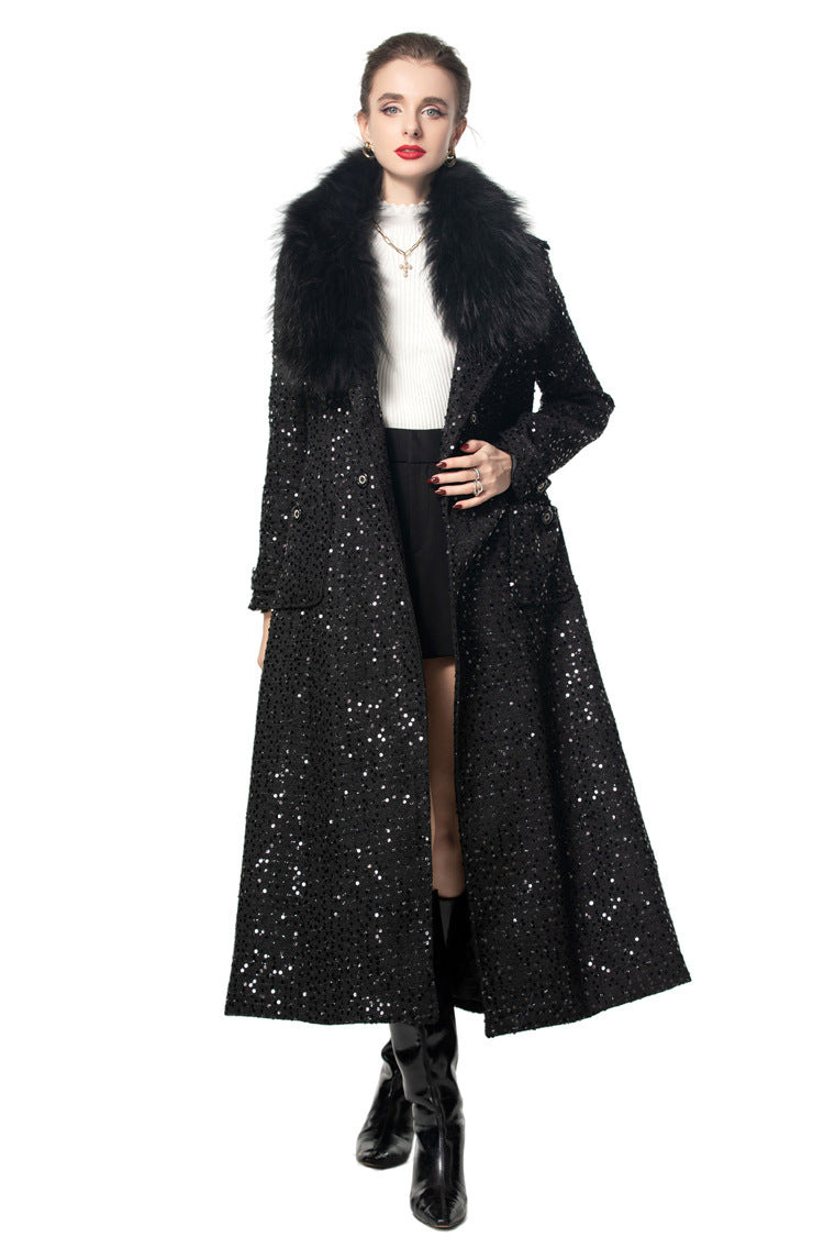 Sequin Embellished Belted Maxi Trench Coat – French Luxury Winter Overcoat SP10027